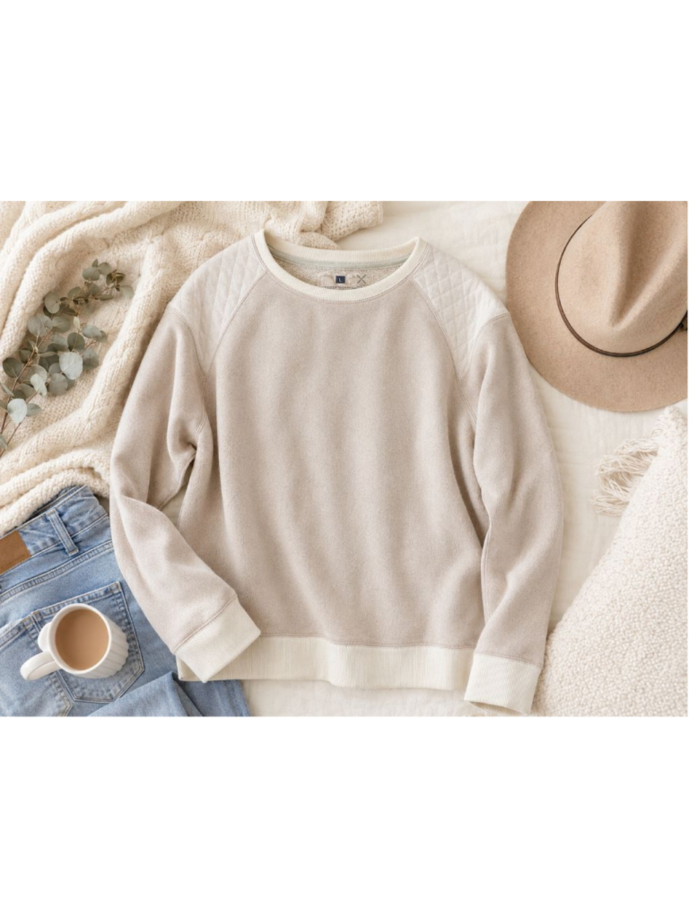 Xersion Women’s Large Oatmeal Cream Quilted Shoulder Crewneck Sweatshirt